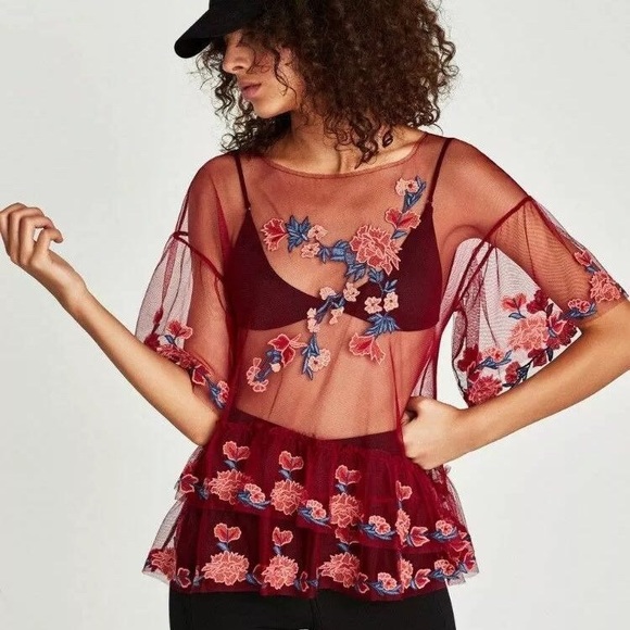 red sheer mesh top